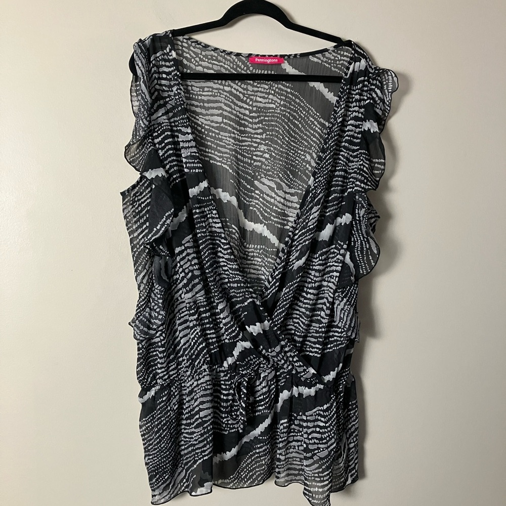 Penningtons Top Black White sleeveless sheer tunic layer ruffles women’s size 2X